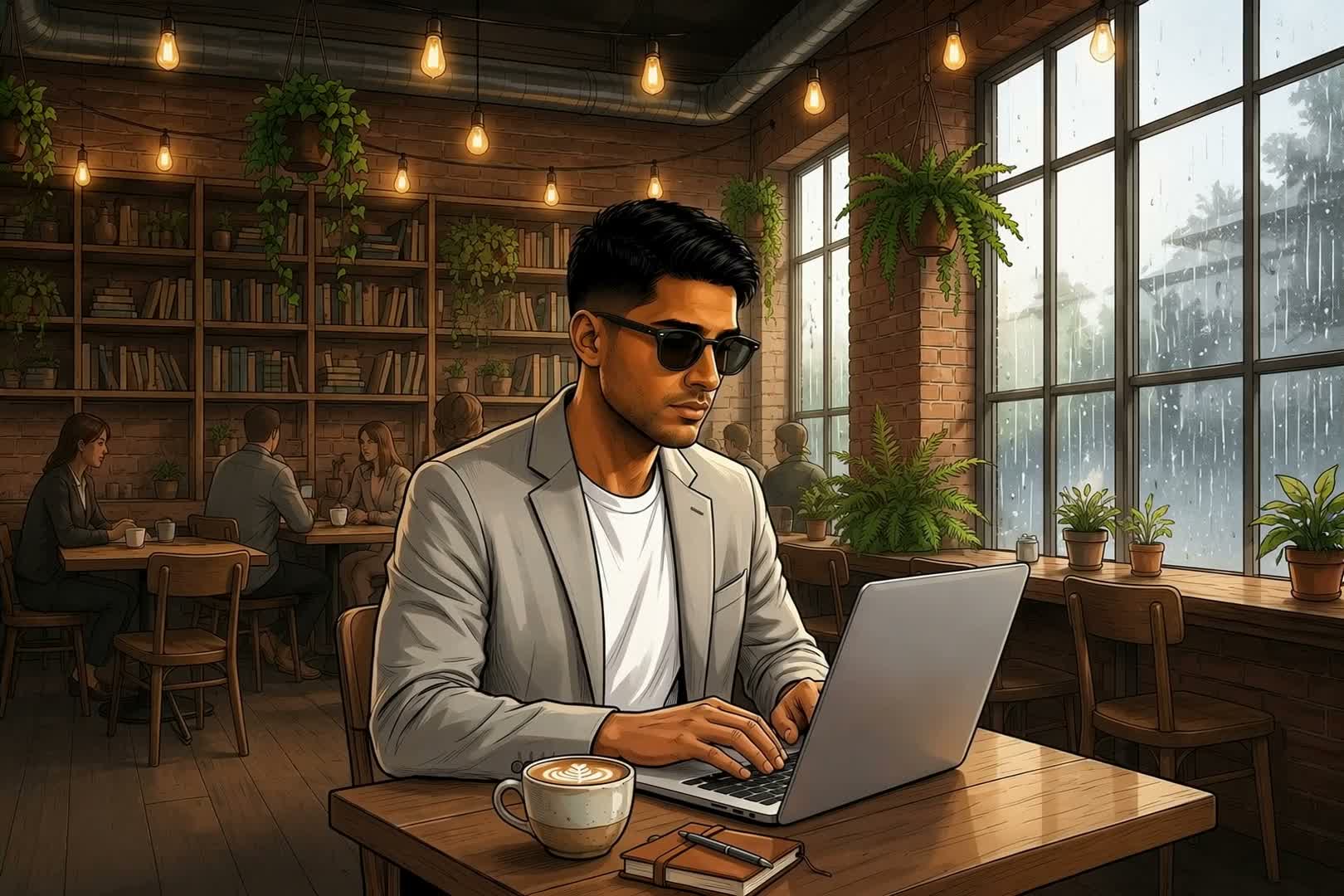 Ilustração em estilo HQ de um profissional trabalhando em um café aconchegante, com chuva na janela